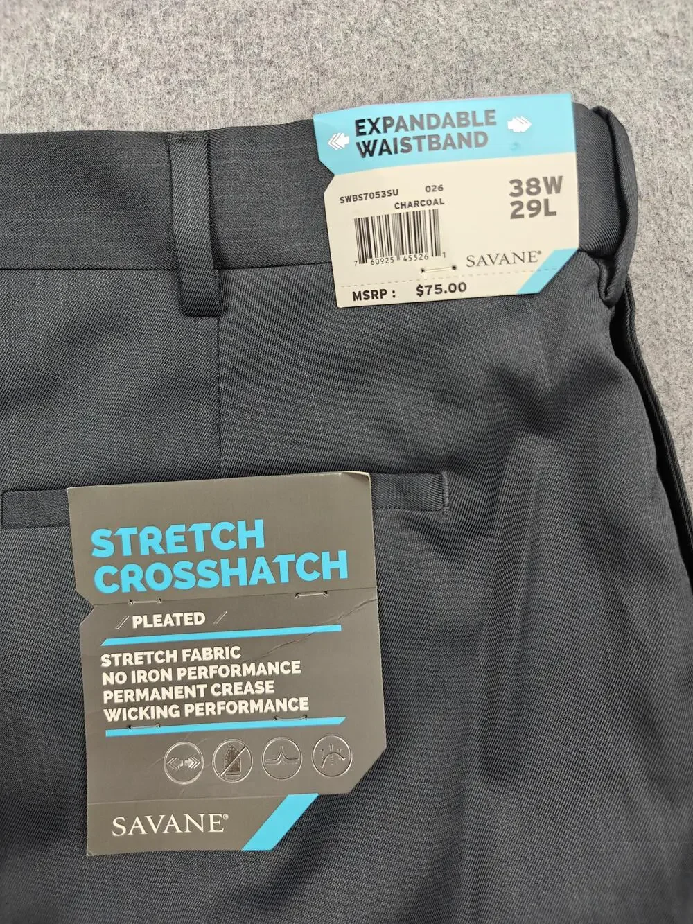 Savane Pants Mens 38x29 Gray Dress Pleated Stretch Crosshatch Microfiber